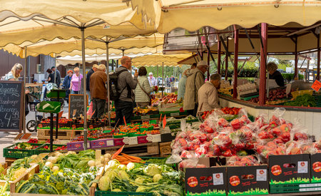Market stalls and sales booths on the premises of the Spargelhof in Klaistow, Brandenburg,のeditorial素材