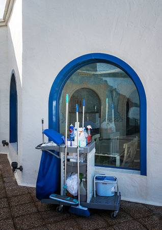 Transport trolley with cleaning utensils, Lanzarote, Spainのeditorial素材