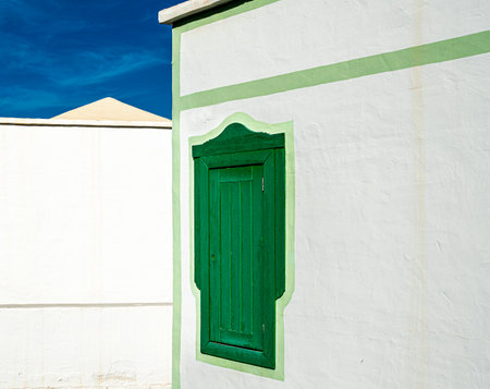Facade detail, doors and windows on residential houses in Teguise, Lanzarote, Canary Islands, Spainのeditorial素材