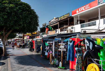 Shops and restaurants on the seafront promenade, Avenida de las Playas, Puerto del Carmen, Lanzarote, Canary Islands, Spainのeditorial素材