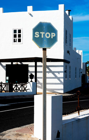 Traffic sign, stop sign in blue, Lanzarote, Canary Islands, Spainのeditorial素材