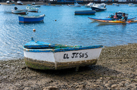 Paddle boats in the Charco de San Gines Lagoon, fishing boats, Arrecife, Lanzarote, Canary Islands, Spainのeditorial素材