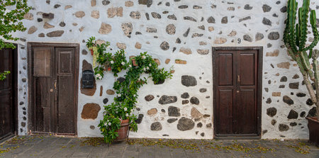 Facade detail, doors and windows on residential houses in Teguise, Lanzarote, Canary Islands, Spainのeditorial素材
