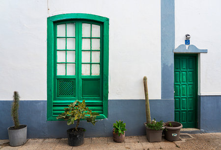 Facade detail, doors and windows on residential houses in Teguise, Lanzarote, Canary Islands, Spainのeditorial素材