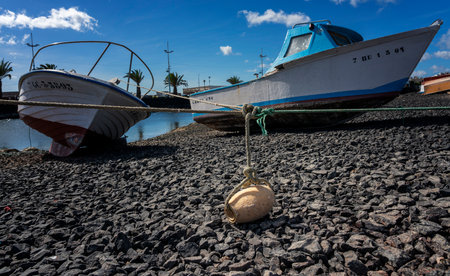Lagoon Charco de San Gines, fishing boats, Arrecife, Lanzarote, Canary Islands, Spainのeditorial素材