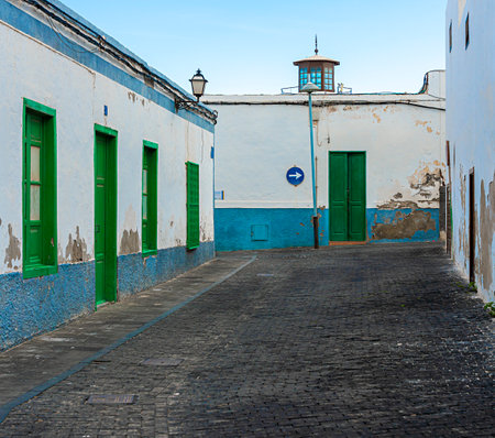 Facade detail, doors and windows on residential houses in Teguise, Lanzarote, Canary Islands, Spainのeditorial素材