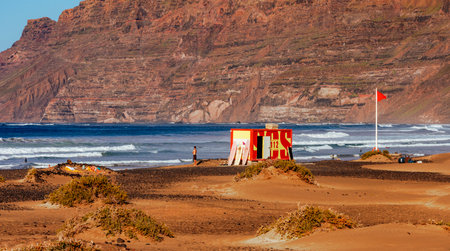 Rescue container on the beach, Playa Famara, Lanzarote, Canary Islands, Spainのeditorial素材
