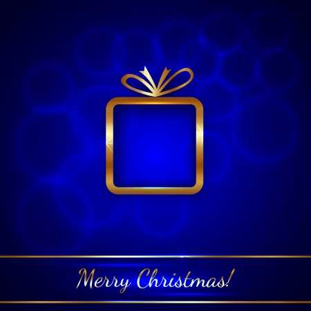 Vector Christmas Greeting Card with Golden Gift on Blue Backgroundのイラスト素材
