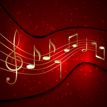 Vector abstract red musical background with golden notes stave and treble clefのイラスト素材