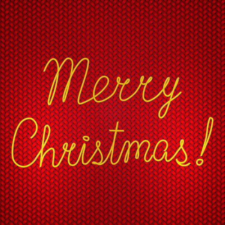 Vector abstract knitted red background with yellow Merry Christmas embroideryのイラスト素材