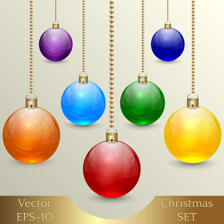 Vector set of Christmas glass balls  on gold chainsのイラスト素材