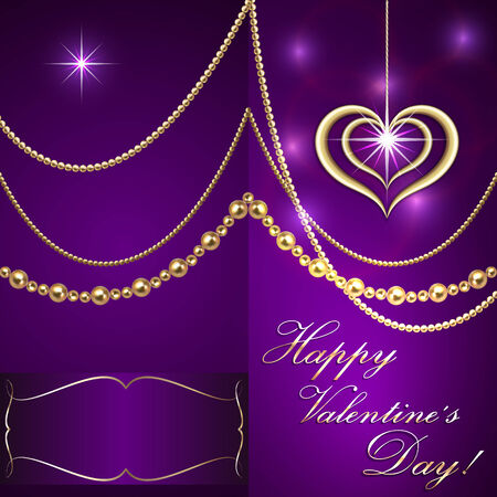 Vector Saint Valentine lilac invitation card with hearts and golden jewelryのイラスト素材
