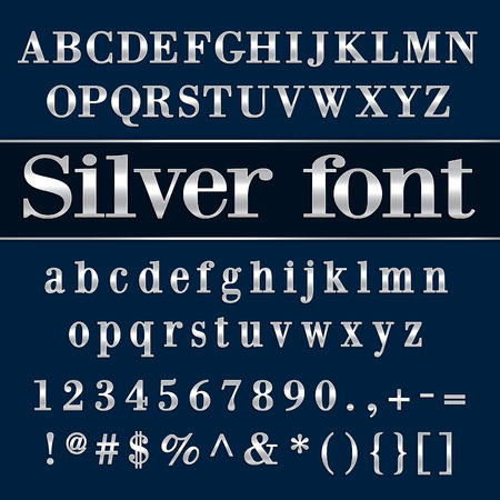 Vector silver coated alphabet letters and digits on blue backgroundのイラスト素材