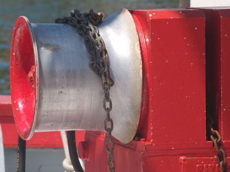 Chain on winch of fishing boatの写真素材