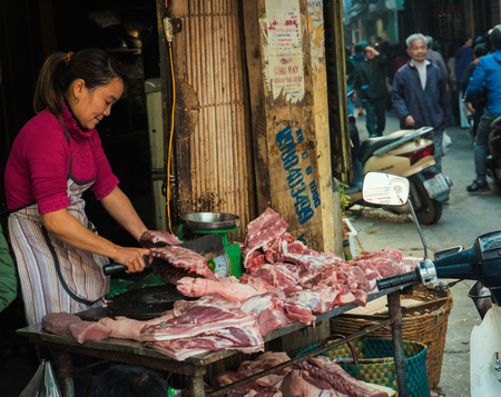 Hanoi, Vietnam - January 23, 2017 - A woman on a street stall, preparing raw meat, to sell.のeditorial素材