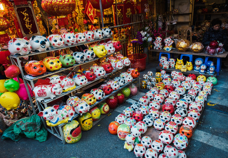 Hanoi, Vietnam - January, 23, 2017: A shot Illustrating the pre Tet preparations in Hanoi. Showing a shop in the old quarter, selling traditional TET decorations.のeditorial素材