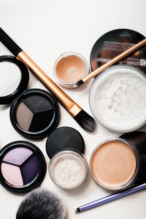 Set of decorative cosmetics on white backgroundの写真素材