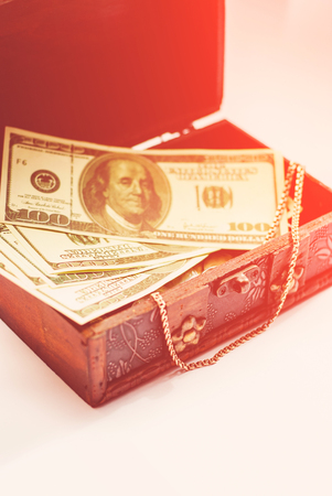 One hundred dollars banknotes in vintage casketの写真素材