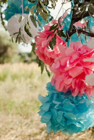 pink and purple pompoms on birthday partyの写真素材