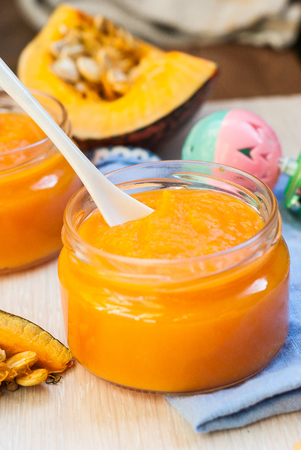 Organic pumpkin puree. Dietary dish. Baby foodの写真素材