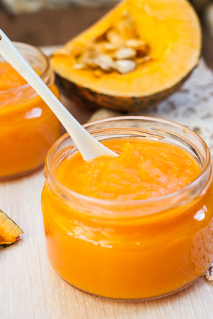 Organic pumpkin puree. Dietary dish. Baby foodの写真素材