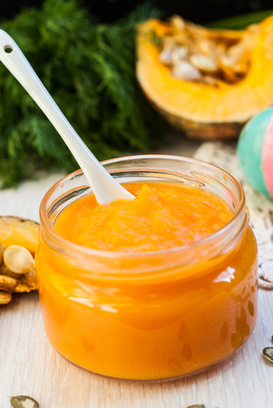 Organic pumpkin puree. Dietary dish. Baby foodの写真素材