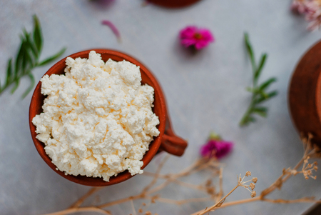 Organic Farming Cottage cheese in a crock