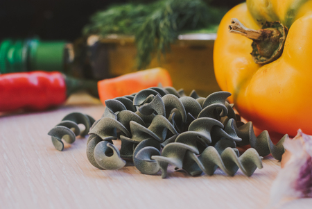 gluten free fusilli pasta close up made with spirulinaの写真素材