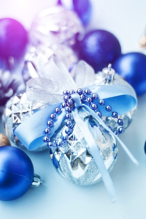 Blue and silver xmas decoration with copy spaceの写真素材