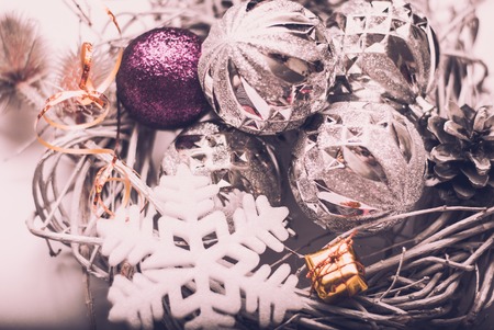 Purple and silver xmas decoration with copy spaceの写真素材