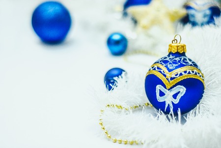 Blue and gold Christmas decoration on white backgroundの写真素材