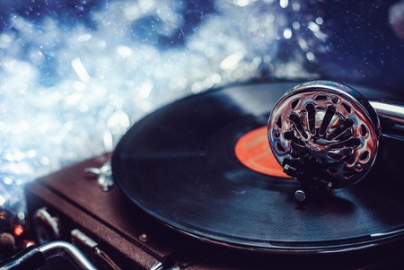 Old record player gramophone needle on record closeup. vintage toningの写真素材
