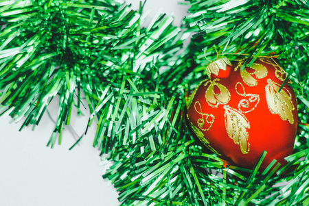 Christmas background with a red christmas decorationの写真素材