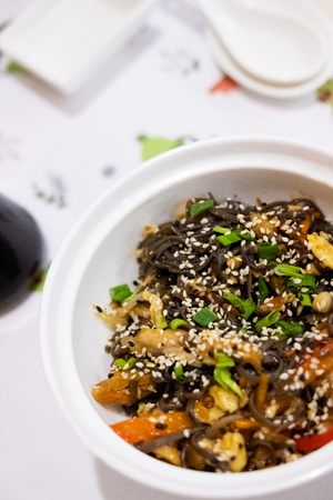 Buckwheat noodles with chicken and vegetables in Japanese styleの写真素材