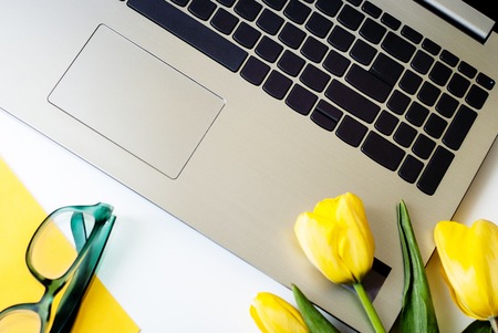 Stylish flat lay home office desk workspace with laptopTop view lifestyle blog. Flat lay, Bunch of...