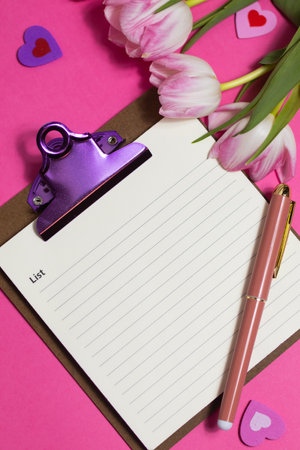 Notebook with pen, cup of coffee, tulip spring flower and cute hearts on pink background, flat layの写真素材