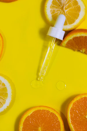 Cosmetic bottle product serum vitamin C with orange and lemon flat lay on yellow background, top...
