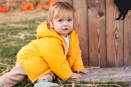 toddler in yellow jacket enjoying harvest festival celebration at pumpkin patchの写真素材