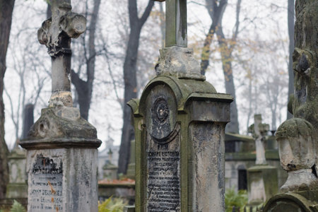 Old blank cemetery tombstones on a fall day.の写真素材
