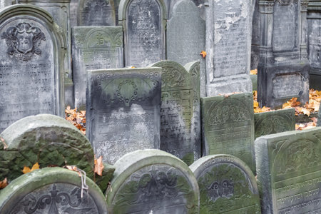 Old blank cemetery tombstones on a fall day.の写真素材