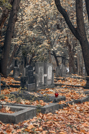 Old blank cemetery tombstones on a fall day.の写真素材