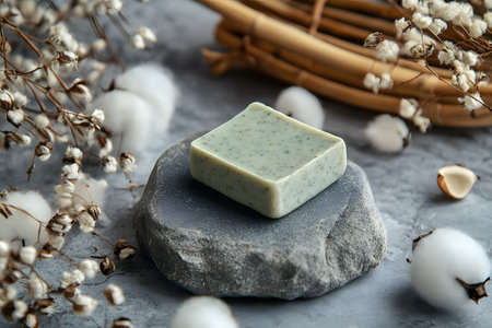 Relaxing green herb soap on a stone with cotton flowers in a calming setupの写真素材