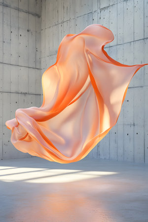 Fabric suspended in air with soft texture and warm colors in modern interior spaceの写真素材