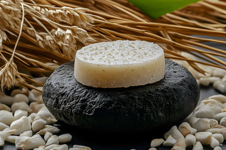 Handmade soap resting on a smooth stone with natural elements in a serene settingの写真素材