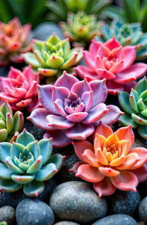 Succulents of various colors are beautifully arranged on smooth stones in a garden.の素材