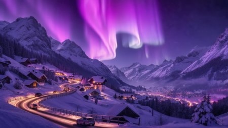 Northern lights illuminate a snowy mountain village in a breathtaking display.の素材