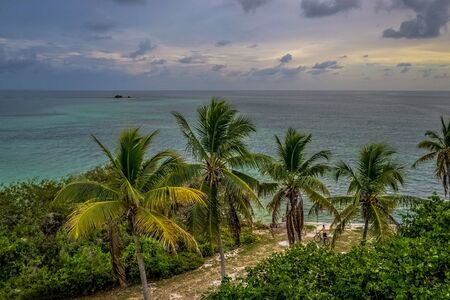 Aerial View Off Of The Old Rail Bridge In Bahia Honda State Park, Looking Out Into The Crystal Blue Waters  Of The Florida Keys With Palm Trees And Bicyclist On The Shore.の写真素材