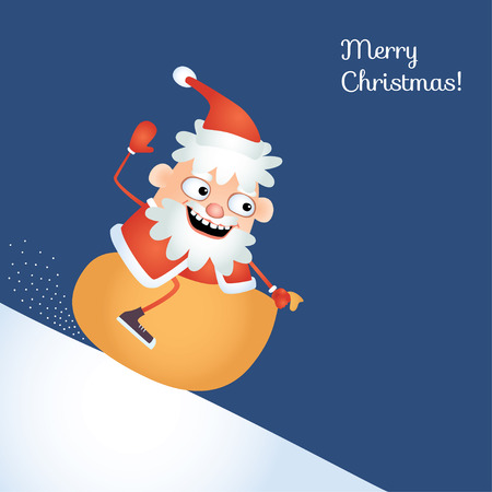 Comical illustration of eccentric Santa Claus sledding down a snowy hill astride his sack. Christmas card.のイラスト素材
