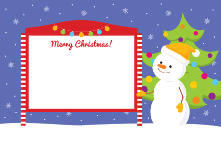 Colorful vector cartoon illustration of a cute snowman standing near red and white blank street notice board. Blue sky with snowflakes and decorated christmas tree on the background. Place for text on a white background.のイラスト素材