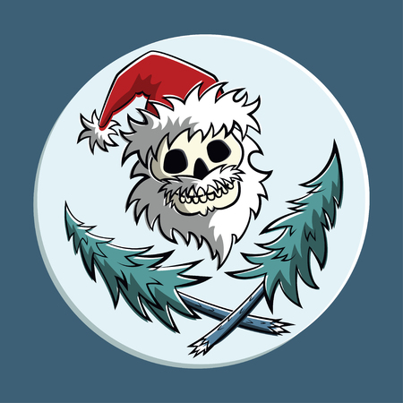 Vector comic piratic symbol of a skull in Santa Claus hat with two crossed christmas trees. Square format.のイラスト素材